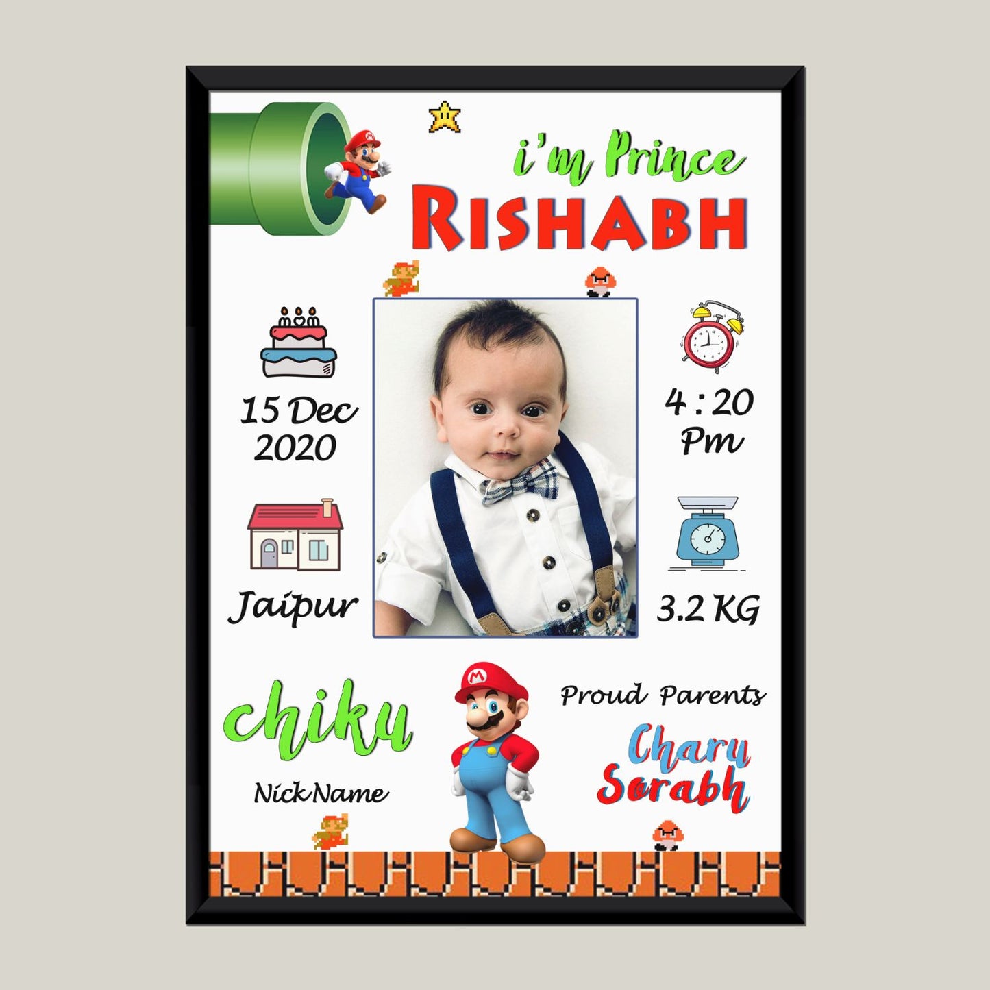 Baby Biodata | Birth Details Frame (Mario Theme)