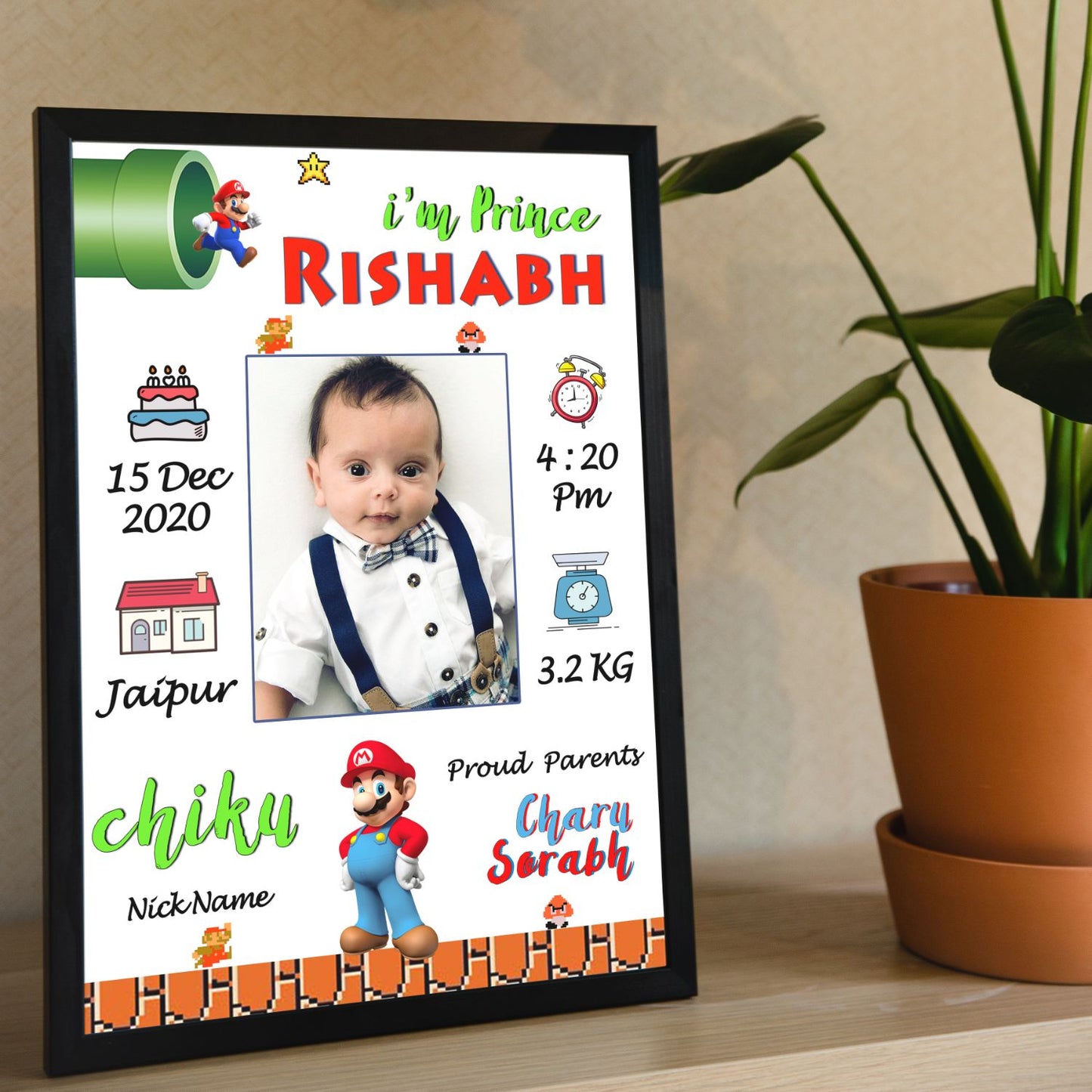 Baby Biodata | Birth Details Frame (Mario Theme)