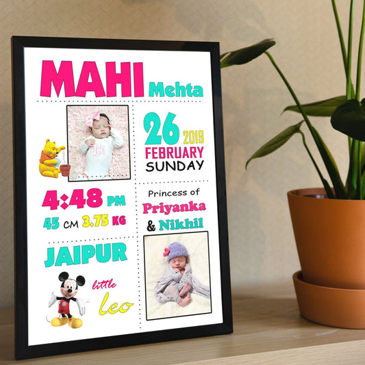 Baby Biodata | Birth Details Frame ( Poo and Micky Theme )